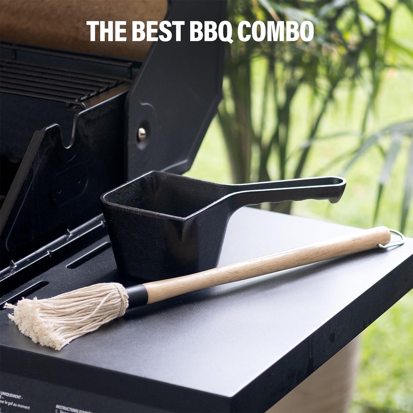 Cast Iron Basting Pot and BBQ Mop Brush - BBQ Basting Set with Saucepan and Brush for Meat Smoker, Grill and Stove - BBQ Meat Smoker Accessories Gift for Men, 24 Oz