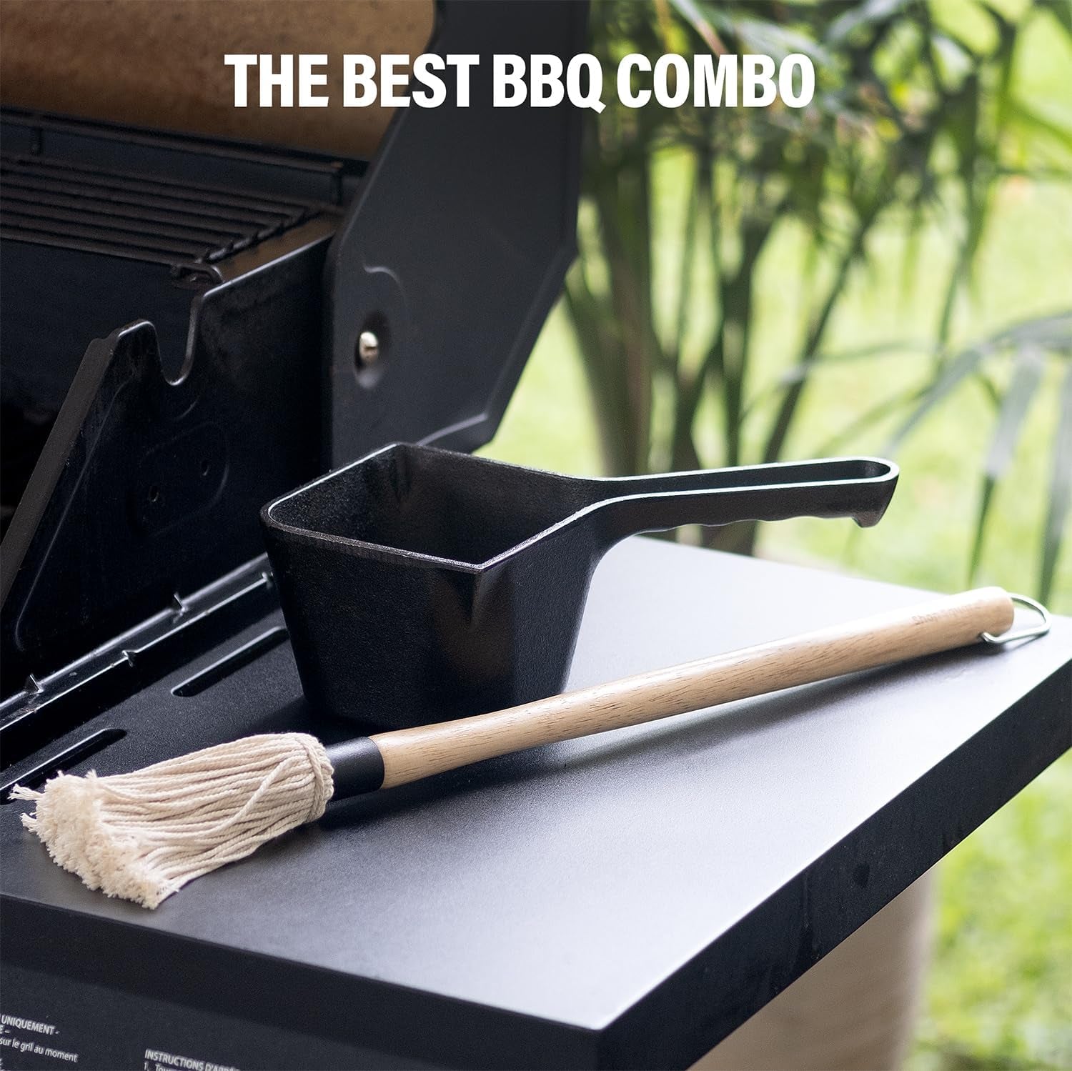 Cast Iron Basting Pot and BBQ Mop Brush - BBQ Basting Set with Saucepan and Brush for Meat Smoker, Grill and Stove - BBQ Meat Smoker Accessories Gift for Men, 24 Oz