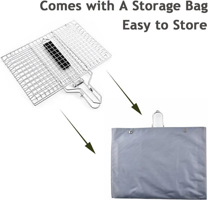 Grill Basket, Stainless Steel Barbecue Basket with Foldable Handle, Portable Outdoor/Camping Grilling Accessories, Grill Vegetable Basket for Garden, Outdoor, Camping