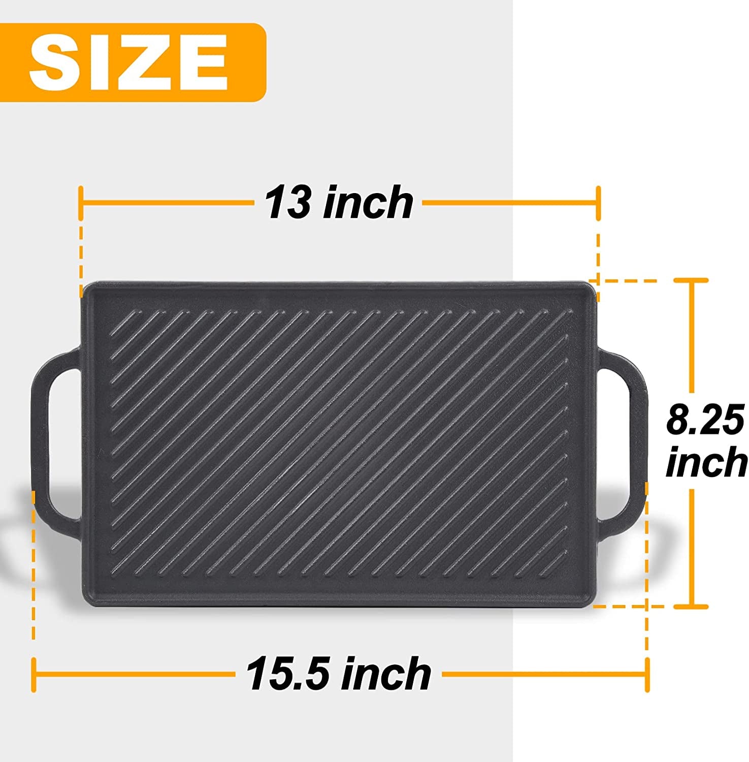Cast Iron Reversible Grill Griddle，Double Sided Grill Pan Perfect for Gas Grills and Stove Tops, 13 X 8.25 Rectangular Baking Flat and Ribbed Griddle Plate