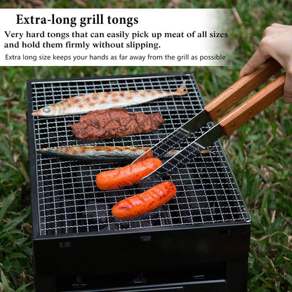 Wooded BBQ Accessories Grilling Tools,Stainless Steel BBQ Tools Grill Tools Set for Cooking, Backyard Barbecue & Outdoor Camping Gift for Man Dad Women Barbecue Enthusiasts Set of 4