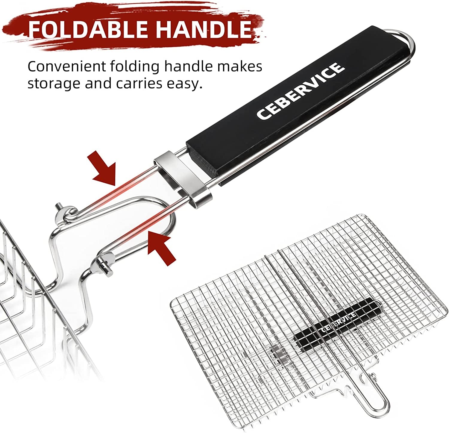 CEBERVICE Grill Basket Extra Large, SUS304 Food Safe Stainless Steel, Portable Folding BBQ Outdoor Camping Grilling Rack for Fish, Vegetables, Shrimp, Barbeque Griller Cooking Accessories, Grilling Gifts for Men, Dad, Father, Husband