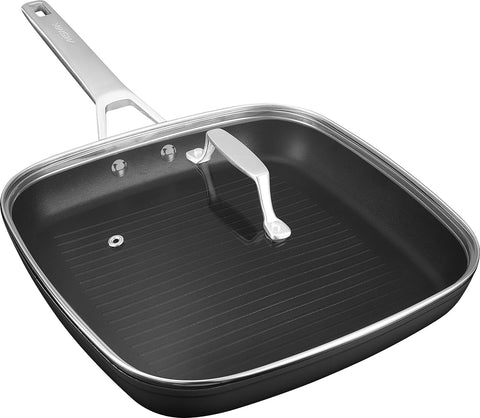 Image of Square Grill Pan with Lid, Stay-Cool Handle, Each Ridge Nonstick, Oven Safe Dishwasher Safe Induction Grill Pans for Stove Tops, Square Frying Pan, Bacon Pan, Indoor Chicken Skillet, 11-Inch