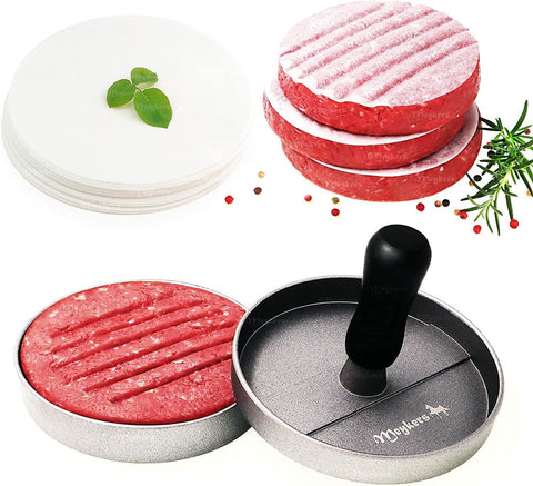 Image of Meykers Burger Press 100 Patty Papers Set | Non-Stick Hamburger Mold with Free Wax Patty Paper Sheets | Meat Beef Cheese Veggie Burger Maker for Grill Griddle BBQ Barbecue | BPA Free