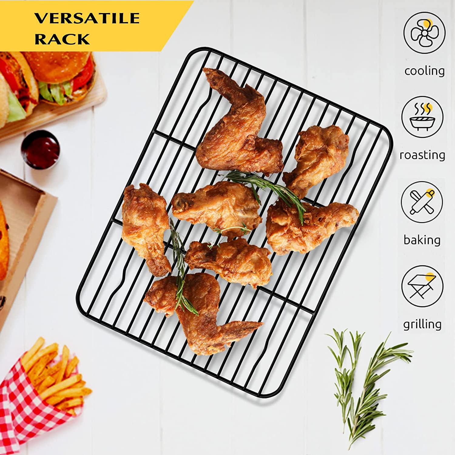Small Baking Wire Rack Set of 2, E-Far Non-Stick Rack for Toaster Oven Cooking Roasting Broiling Grilling Meat Bacon, 8.7” X 6.2” Metal Bakeable Cooling Rack for Cookie Cake - Easy to Clean