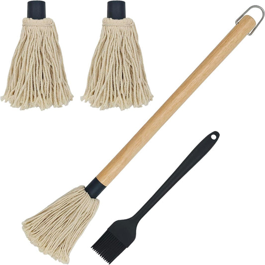 18 Inch BBQ Basting Mop Brush with 2 Extra Replacement Cotton Heads and Silicone Grill Brush, Wooden Long Handle Grill Basting Brush Mop for Roasting or Outdoor Grill BBQ Grilling Smoking Steak