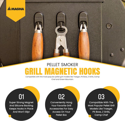 Pellet Smoker Grill Magnetic Hooks 3 Pack - Use to Hang Your Grilling Utensils and Accessories - Compatible with Pellet Grill Smokers like Traeger, Pit Boss, Z Grills, Camp Chef