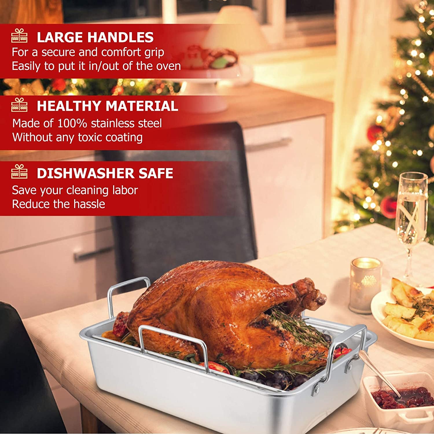 Roasting Pan with Rack, P&P CHEF 14 Inch Stainless Steel Roaster Lasagna Pan & V-Shaped Rack & Roasting Rack, Non Toxic & Heavy Duty, Brushed Surface & Dishwasher Safe, Rectangular