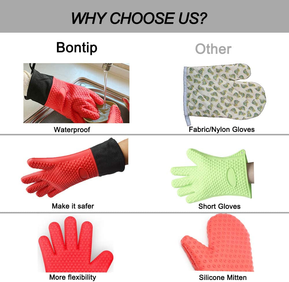 BBQ Gloves, Heat Resistant Silicone Grilling Gloves, Long Waterproof BBQ Kitchen Oven Mitts with Inner Cotton Layer for Barbecue, Cooking, Baking, Smoker(Red)