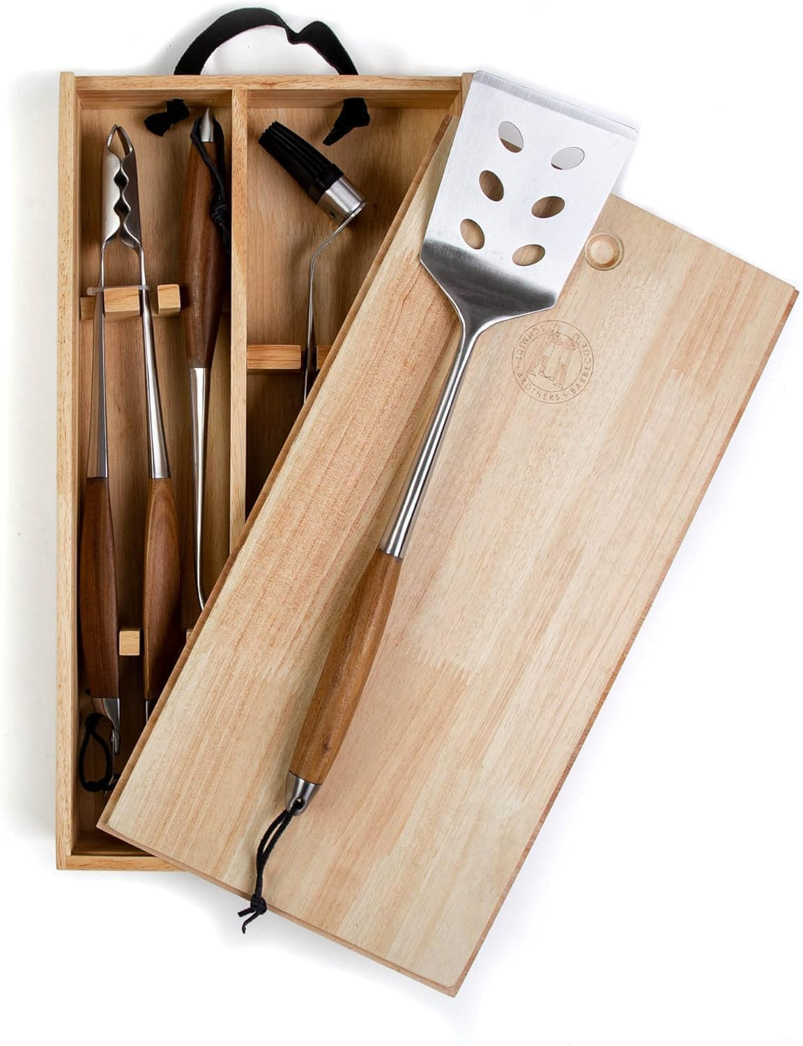 Schmidt Brothers - BBQ Bonded Teak 4 Piece Grilling Accessory Set, Full-Forged Stainless Steel Grilling Utensils Including Spatula, Fork, Basting Brush, and Tongs with All Wood Handles