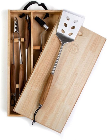 Schmidt Brothers - BBQ Bonded Teak 4 Piece Grilling Accessory Set, Full-Forged Stainless Steel Grilling Utensils Including Spatula, Fork, Basting Brush, and Tongs with All Wood Handles