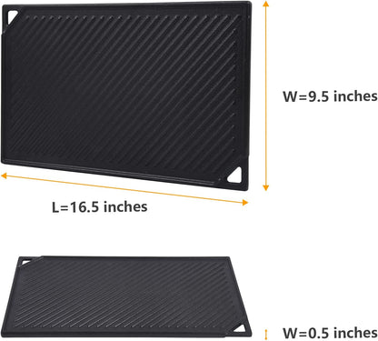Cast Iron Reversible Griddle, 16.5 Inch X 9.5 Inch Double Sided Grill Pan Perfect for Gas Grills and Stove Top