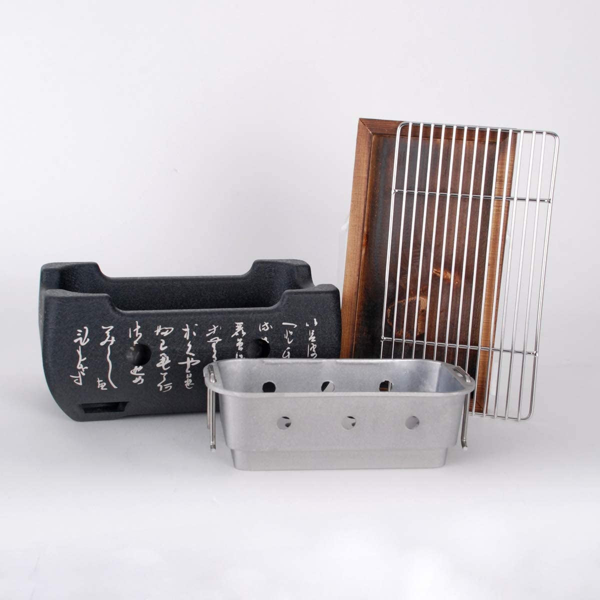 Aluminum Japanese Tabletop Shichirin Konro Charcoal Grill with Wire Mesh Grill and Wooden Base Hibachi Style Yakiniku Grill (9.5 Inch Rectangular)