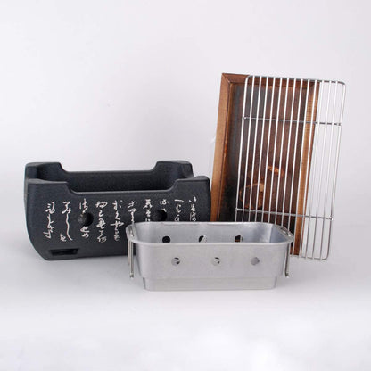 Aluminum Japanese Tabletop Shichirin Konro Charcoal Grill with Wire Mesh Grill and Wooden Base Hibachi Style Yakiniku Grill (9.5 Inch Rectangular)