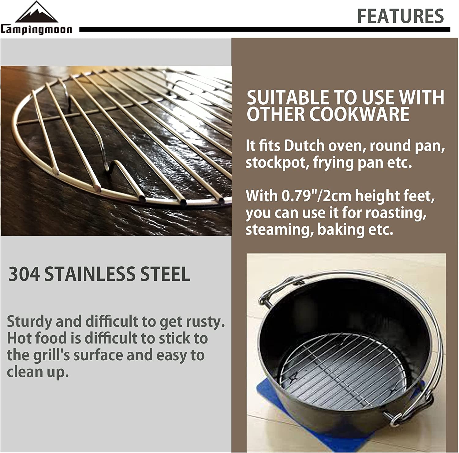 CAMPINGMOON round Roasting Baking Steaming Cooling Rack Cooking Grid Grill Stainless Steel Fits for Dutch Oven (Diameter Φ6.7Inch, W17)
