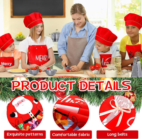 Image of 4 Sets Christmas Kids Apron and Chef Hat Boys Girls Aprons with 2 Pockets Hats Cooking Kitchen Painting Baking Wear