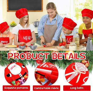 4 Sets Christmas Kids Apron and Chef Hat Boys Girls Aprons with 2 Pockets Hats Cooking Kitchen Painting Baking Wear