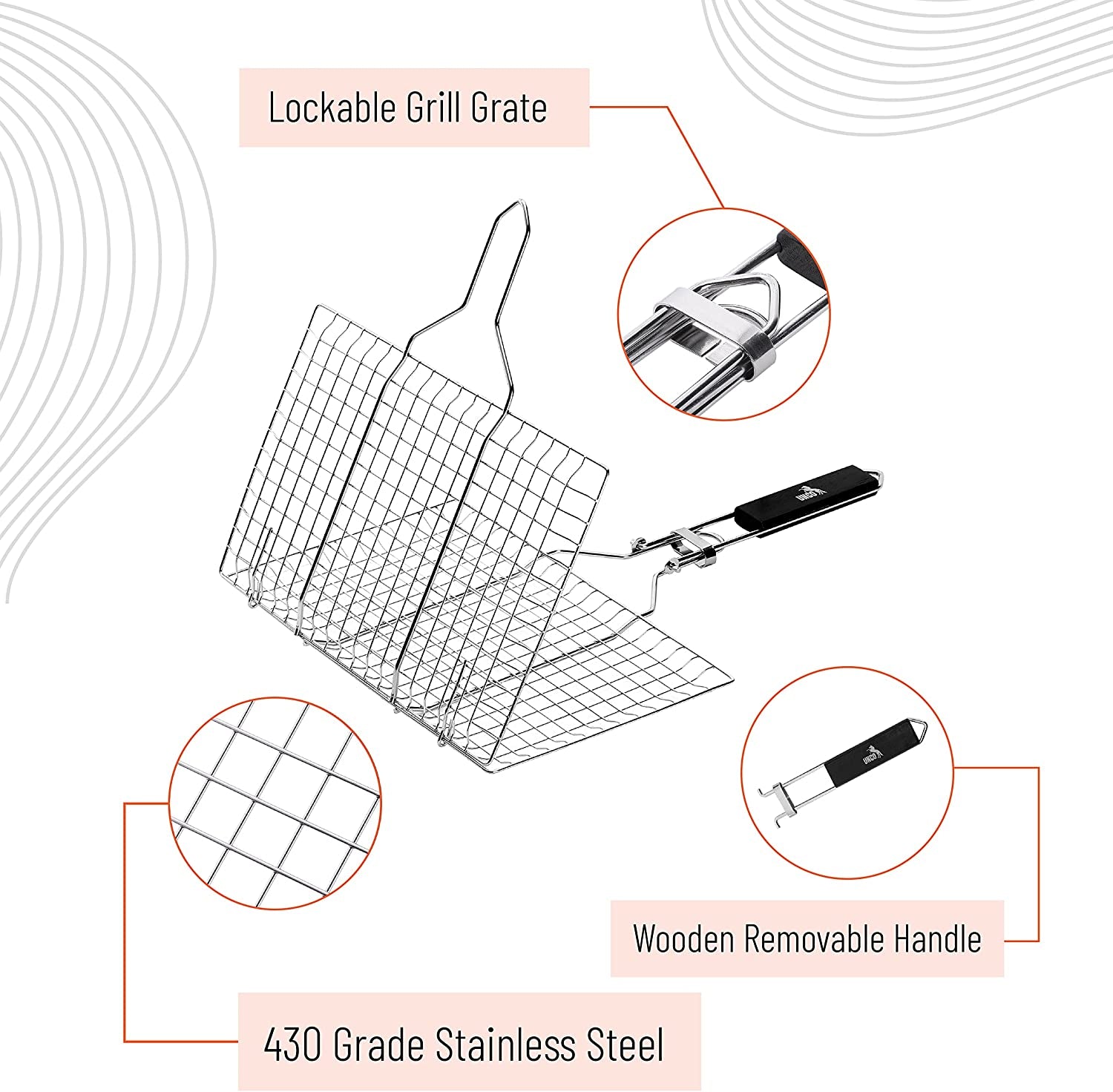 UNCO- Grill Basket, Stainless Steel, Fish Grill Baskets for Outdoor Grill, Vegetable Grill Basket, BBQ Grill Basket, BBQ Basket, Grilling Basket, Fish Basket for Grilling, Grill Accessories.