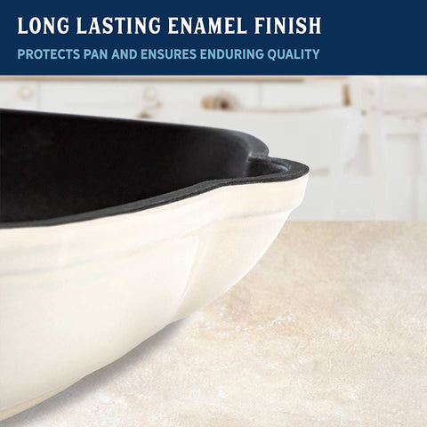 Image of Enameled Cast Iron Square Griddle Grill Pan with Ridges, Helper Handle and Pouring Spouts for Easy Draining, Indoor Grilling Skillet, 11-Inch, Cream