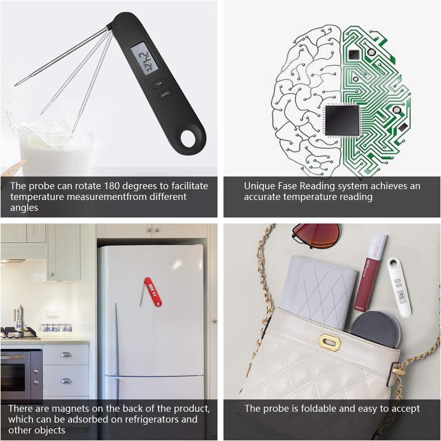 Instant Read Meat Thermometer for Kitchen Cooking, Waterproof Food Thermometer with Stainless Steel Probe and Backlight for BBQ, Grilling and Bakery White