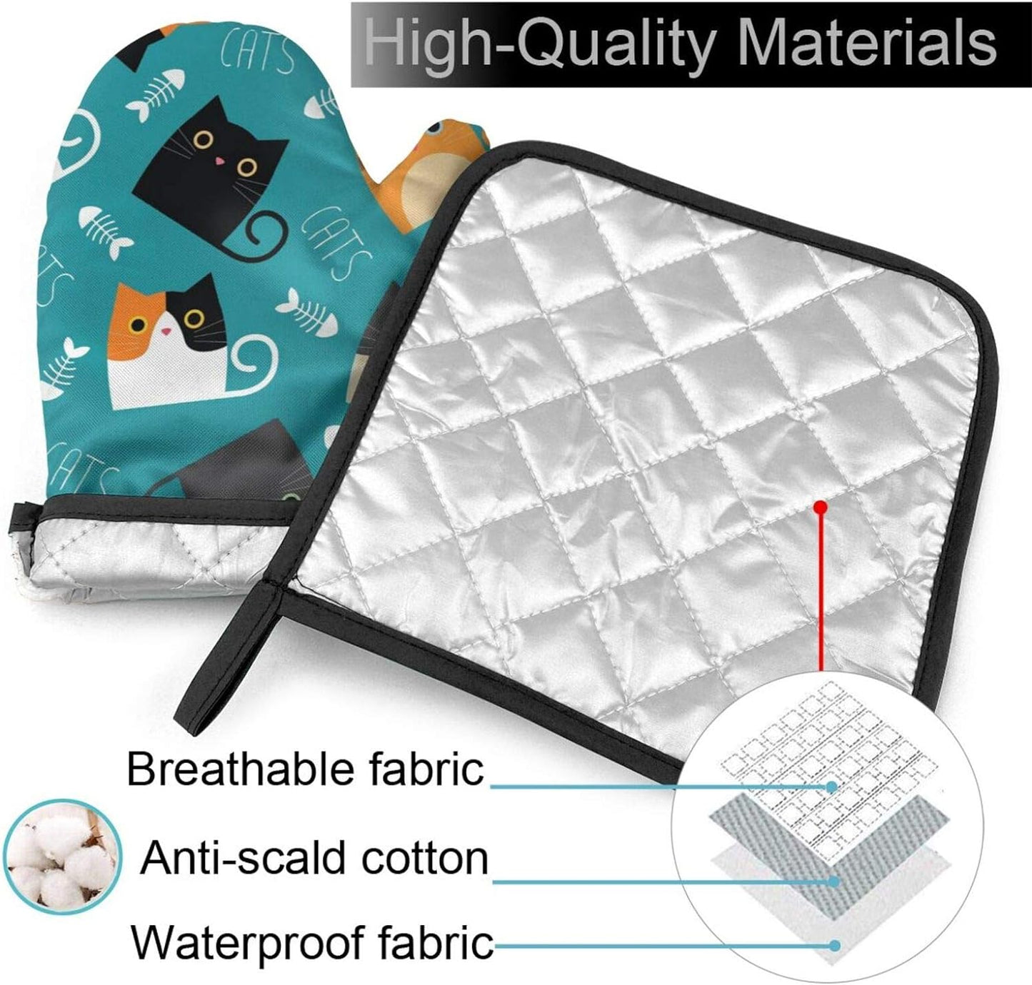 Cats Fishbone Oven Mitts and Pot Holders Set， Heat Resistant Kitchen Gloves with Inner Cotton Layer for Cooking Baking Grilling