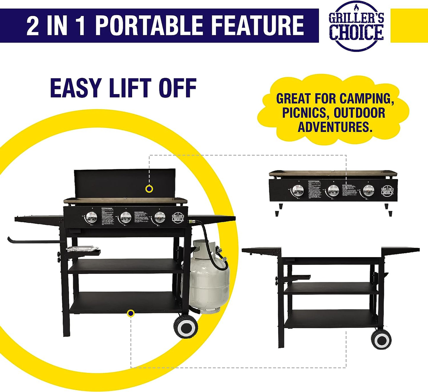Outdoor Griddle Grill Propane Gas Flat Top - Hood Included, 4 Shelves, Disposable Grease Cups, 36,000 Btu'S, Large Cooking Area, Paper Towel Holder.