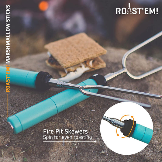 Jolly Green Products Rotating Marshmallow Roasting Sticks | Set of 5 Telescoping Forks - Free Bag | Safe, Fun Smores & Hot Dog Stainless Steel Long Camping Skewers | Campfire BBQ Cookware Accessories