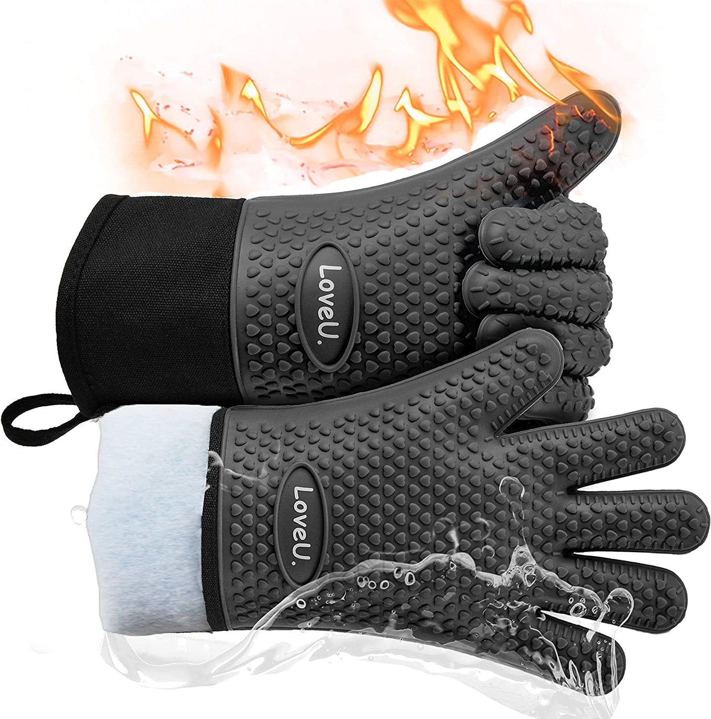 Kitchen Oven Gloves - Silicone and Cotton Double-Layer Heat Resistant Oven Mitts/Bbq Gloves/Grill Gloves - Perfect for Baking and Grilling - 1 Pair (XL-XXXL, Black Long)