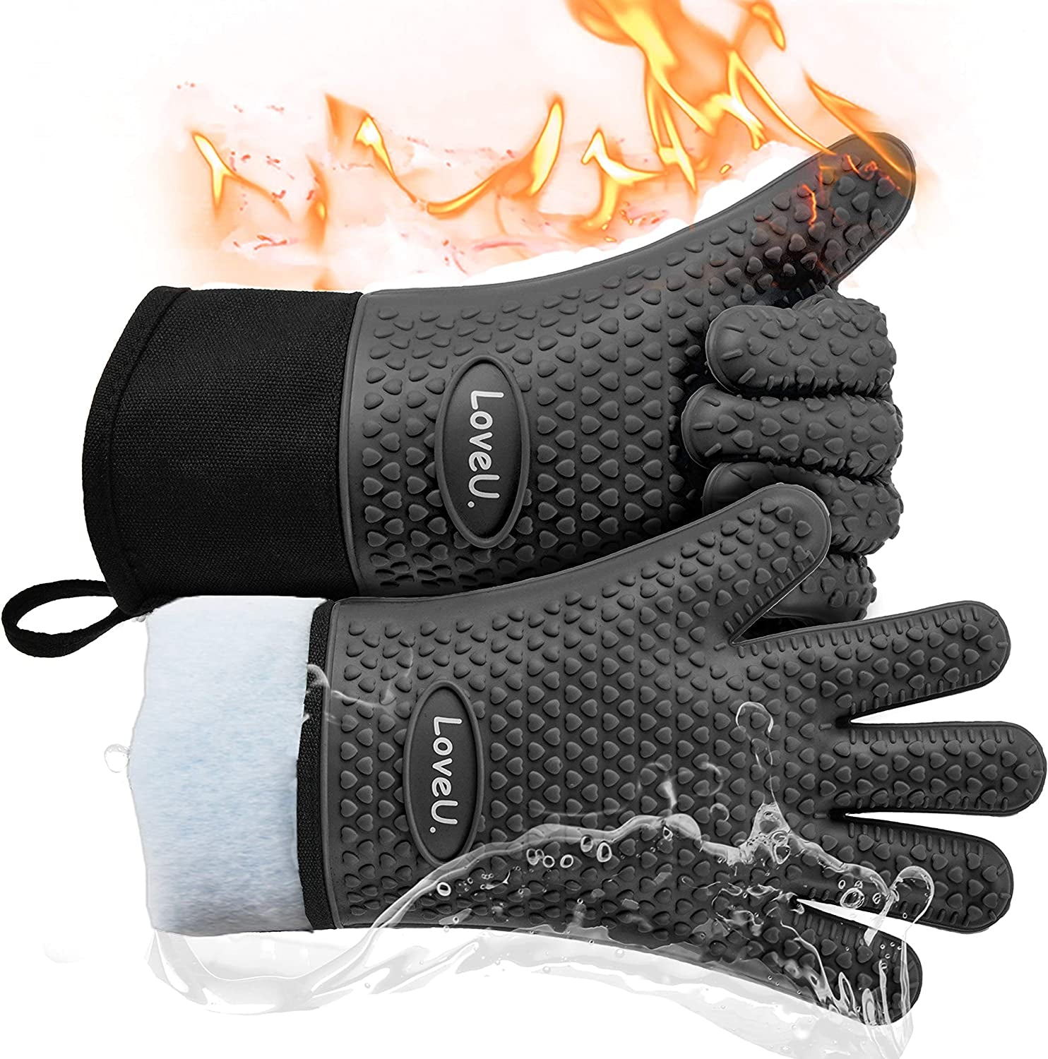 Kitchen Oven Gloves - Silicone and Cotton Double-Layer Heat Resistant Oven Mitts/Bbq Gloves/Grill Gloves - Perfect for Baking and Grilling - 1 Pair (XL-XXXL, Black Long)