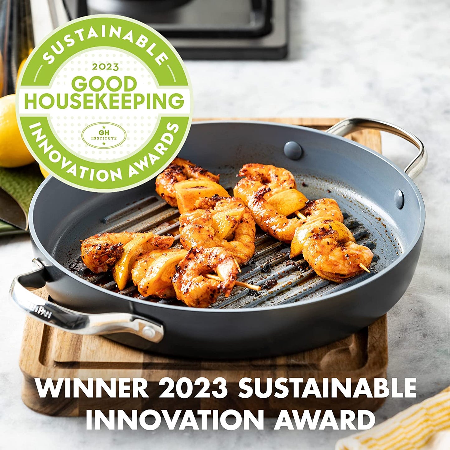 Valencia Pro Hard Anodized Healthy Ceramic Nonstick 11" Grill Pan, Pfas-Free, Induction, Dishwasher Safe, Oven Safe, Gray