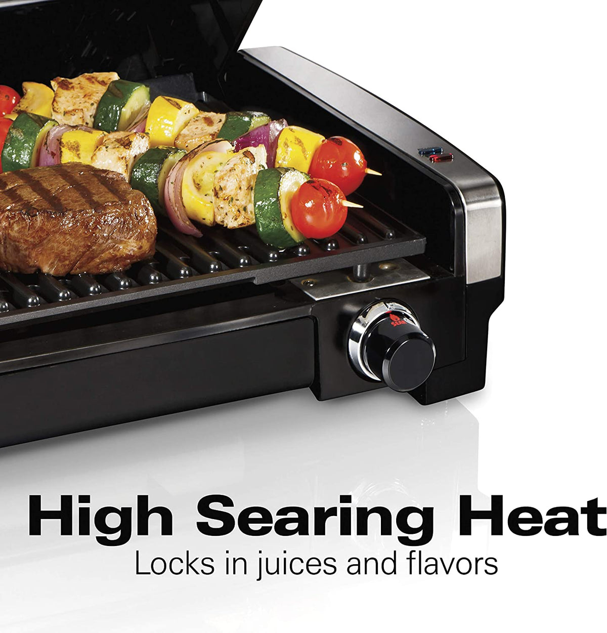 Electric Indoor Searing Grill with Adjustable Temperature Control to 450F, Removable Nonstick Grate, 118 Sq. In. Surface Serves 6, Stainless Steel