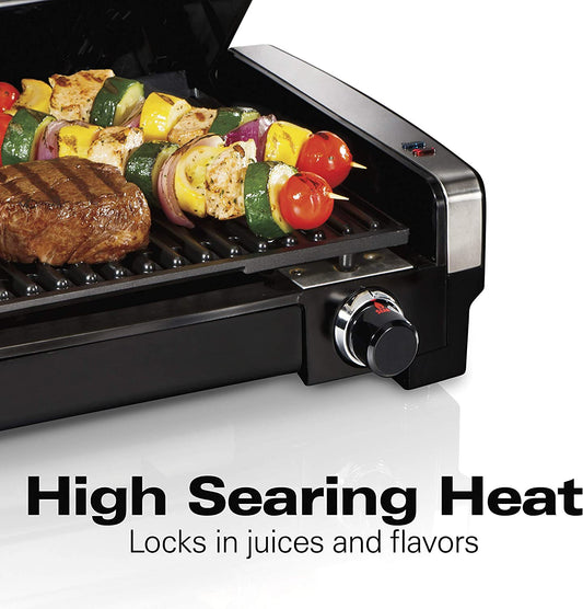 Electric Indoor Searing Grill with Adjustable Temperature Control to 450F, Removable Nonstick Grate, 118 Sq. In. Surface Serves 6, Stainless Steel