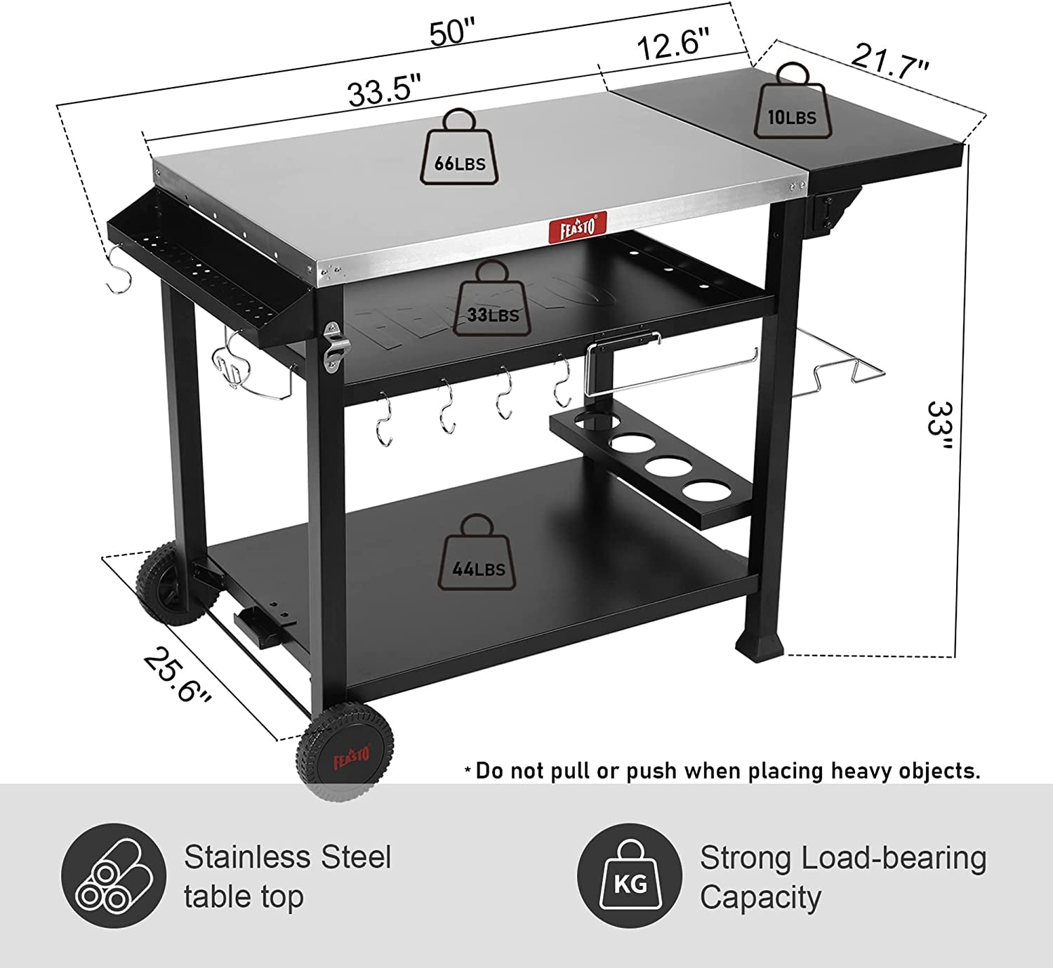3-Shelf Movable Food Prep Table, Pizza Oven Table, BBQ Grilling Table,Grill Cart with Side Table, Home & Outdoor Stainless Steel Table Top Grill Tables on 2 Wheels, L50 Xw21.7 Xh33