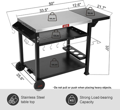 3-Shelf Movable Food Prep Table, Pizza Oven Table, BBQ Grilling Table,Grill Cart with Side Table, Home & Outdoor Stainless Steel Table Top Grill Tables on 2 Wheels, L50 Xw21.7 Xh33