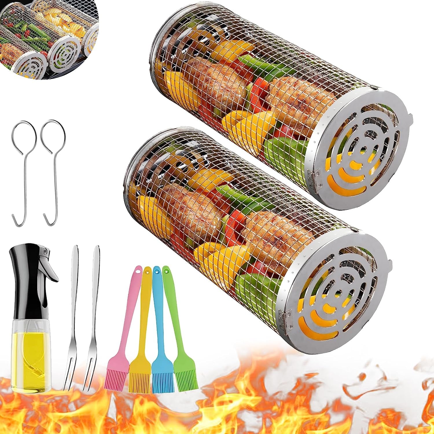 Wrakus Rolling Grilling Baskets for Outdoor - Grill Grate Charcoal round BBQ Stainless Steel Basket Campfire Grid Camping Picnic Cookware 1 (2PCS 300 * 90 90Mm)