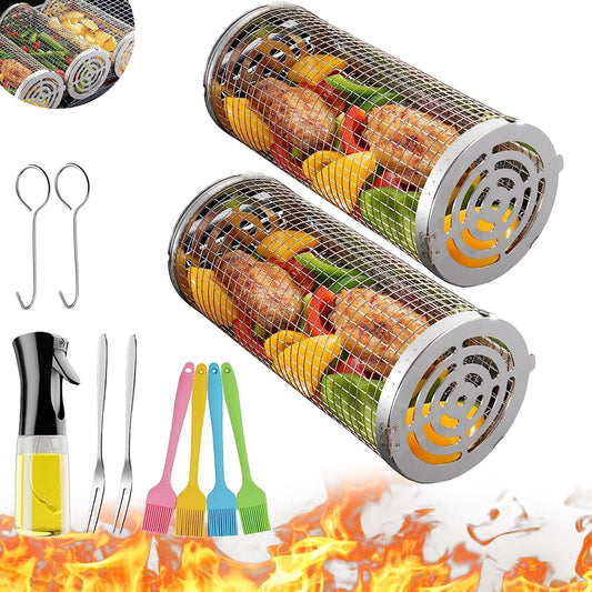 Wrakus Rolling Grilling Baskets for Outdoor - Grill Grate Charcoal round BBQ Stainless Steel Basket Campfire Grid Camping Picnic Cookware 1 (2PCS 300 * 90 90Mm)