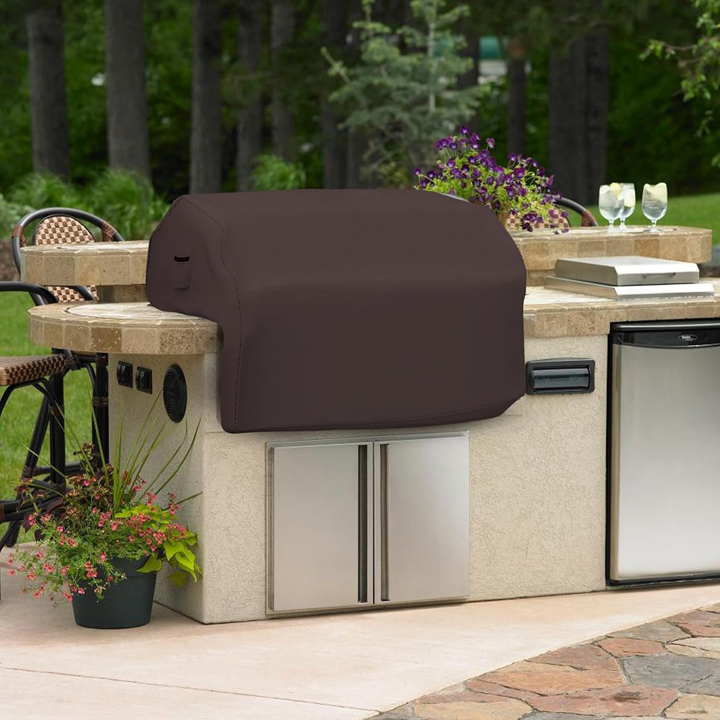Built-In Grill Cover Made of 12 Oz Waterproof Fabric with Air Pocket & Elastic for Snug Fit (36" W X 26" D X 24" H, Coffee)
