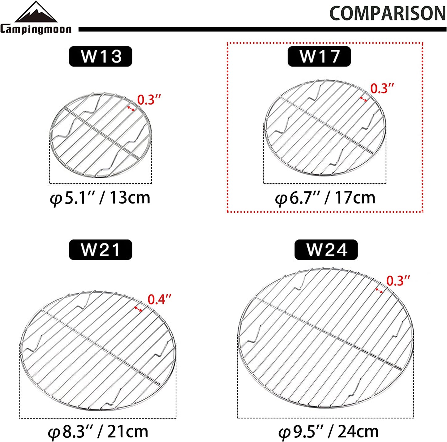 CAMPINGMOON round Roasting Baking Steaming Cooling Rack Cooking Grid Grill Stainless Steel Fits for Dutch Oven (Diameter Φ6.7Inch, W17)