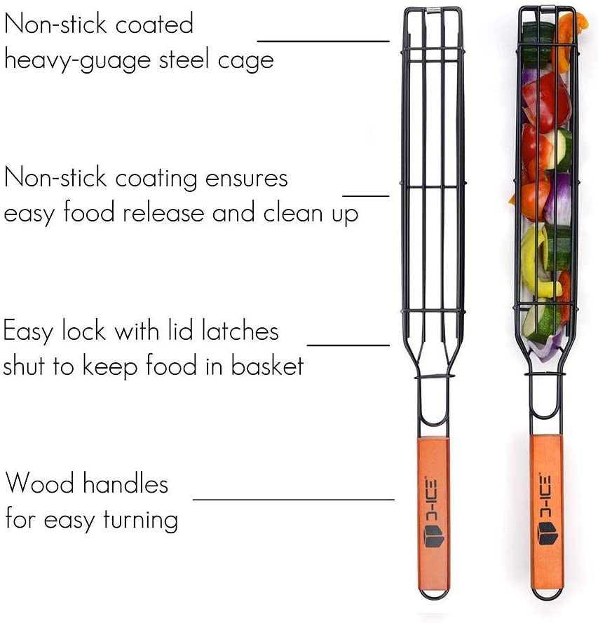 Kebab Grilling Basket & Grilling Skewers Stainless Steel - Kabob Grilling Baskets Set of 4 & 2 Metal BBQ Skewers. Kabob Basket for Veggies, Jumbo Shrimps - Grilling Baskets & Barbecue Skewers