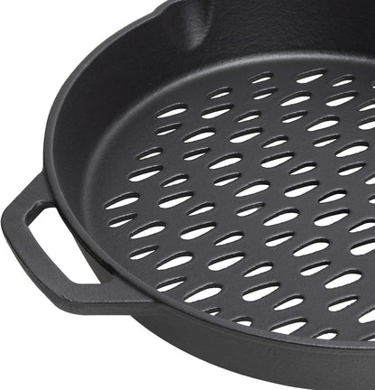 MOASKER 12" Cast Iron round Grill Basket for Veggie Meat Fish, Dual Handle BBQ Grill Topper for Outdoor Grill, Fit for Any Charcoal Smoker & Gas Grills, Nonstick Pan Tray