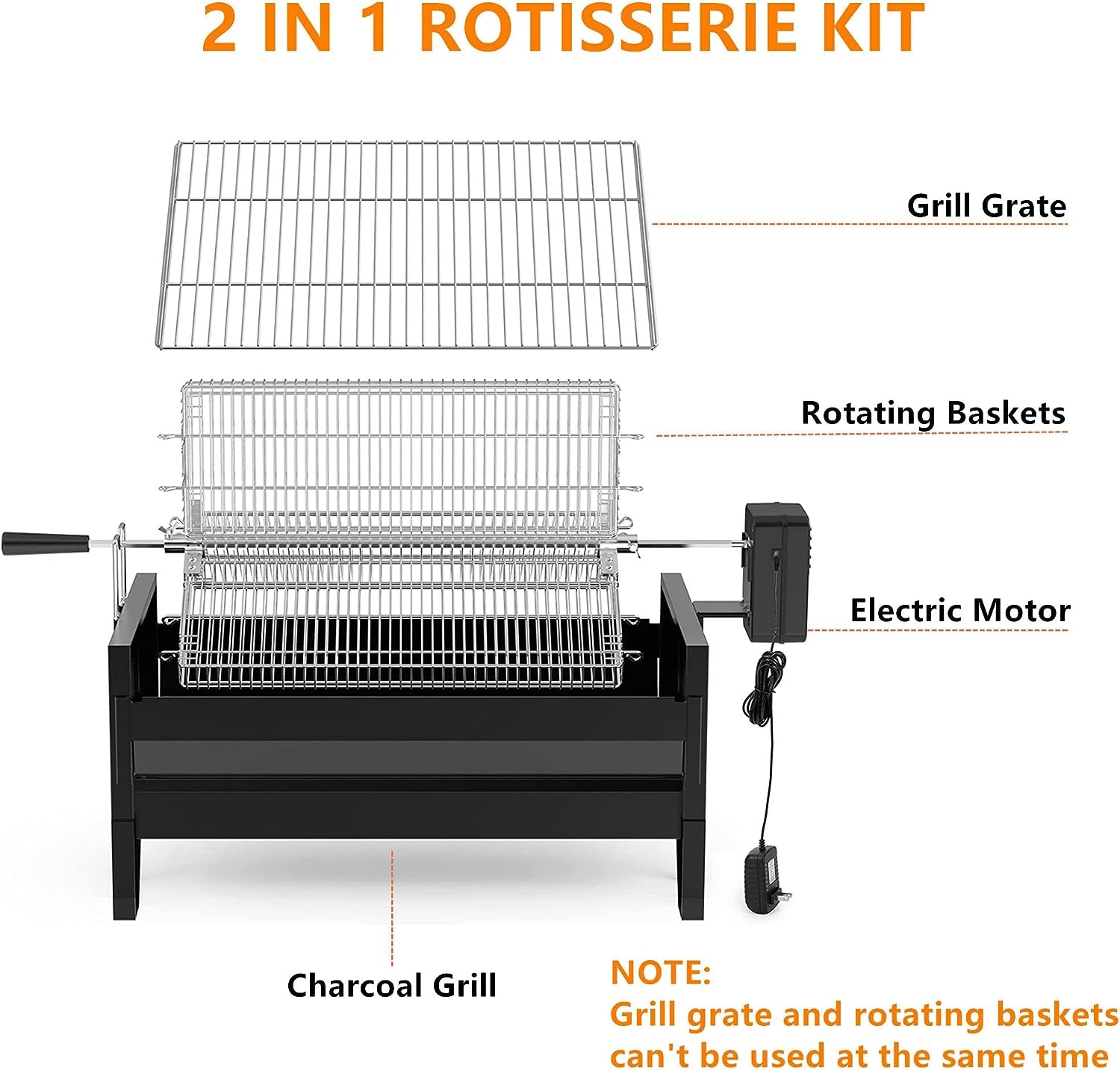 Onlyfire 2 in 1 Charcoal Grill Rotisserie Kit with 3 Stainless Steel Rotating Baskets and 24 in Grill Grate, Auto Swivel BBQ Roasting Machine for Outdoor Patio Backyard, Multi-Functional Camping Grill