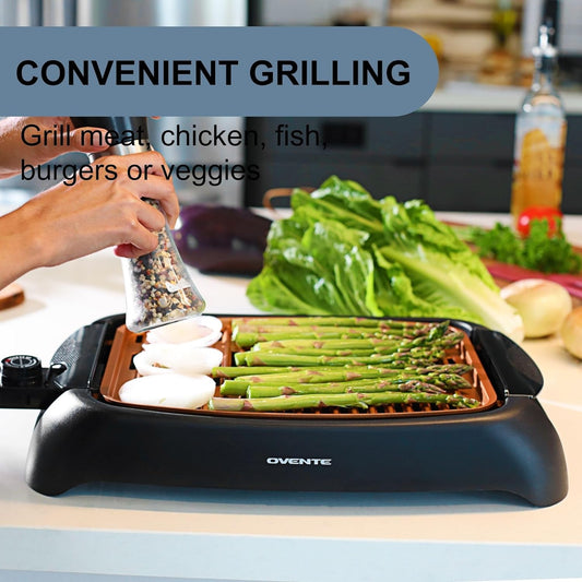 Electric Indoor Grill with 13X10 Inch Non-Stick Cooking Surface, 1000W Fast Heat up Power, Adjustable Temperature, Removable and Dishwasher Safe Grilling Plate and Drip Tray, Copper GD1632NLCO