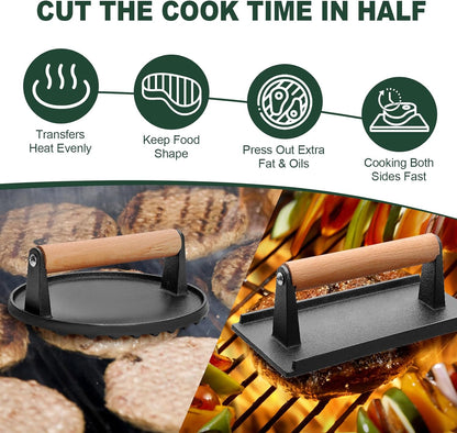 CEKEE 2PCS Burger Press, 7" round & 8.2"X 4.3" Rectangle, Heavy-Duty Cast Iron Grill Press with Wood Handle, Smash Burger Press Perfects for Blackstone Griddle, Flat Tops, Grills & Camp Chef