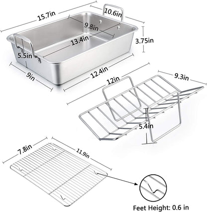 Roasting Pan with Rack, P&P CHEF 14 Inch Stainless Steel Roaster Lasagna Pan & V-Shaped Rack & Roasting Rack, Non Toxic & Heavy Duty, Brushed Surface & Dishwasher Safe, Rectangular