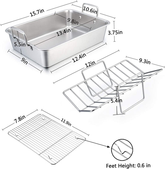 Roasting Pan with Rack, P&P CHEF 14 Inch Stainless Steel Roaster Lasagna Pan & V-Shaped Rack & Roasting Rack, Non Toxic & Heavy Duty, Brushed Surface & Dishwasher Safe, Rectangular