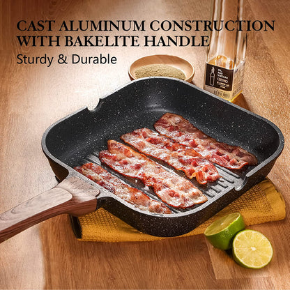 Nonstick Grill Pan for Stove Tops, Versatile Griddle with Pour Spouts, Square Big Cooking Surface, Durable Skillet Indoor & Outdoor Grilling. PFOA Free, 9.5 Inch