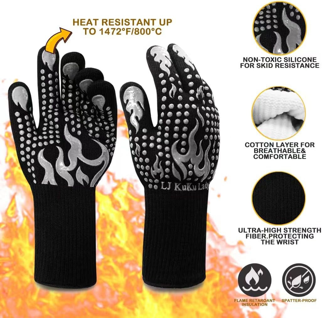 BBQ Heat Resistant Gloves, 1472 Degree F Cut-Resistant Grill Gloves for Heat Resistant Cooking, Outdoor Grill, Barbecue, Oven, Cooking, Kitchen and Baking -