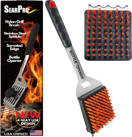 Image of 4-In1 Grill Brush BBQ Cleaner Scraper Barbecue Tool Accessories Kit Heat Resistant Nylon Bristle Spatula Outdoor Smoker Black Stone Grate Cast Iron Spatula Non-Wire Brush Combo