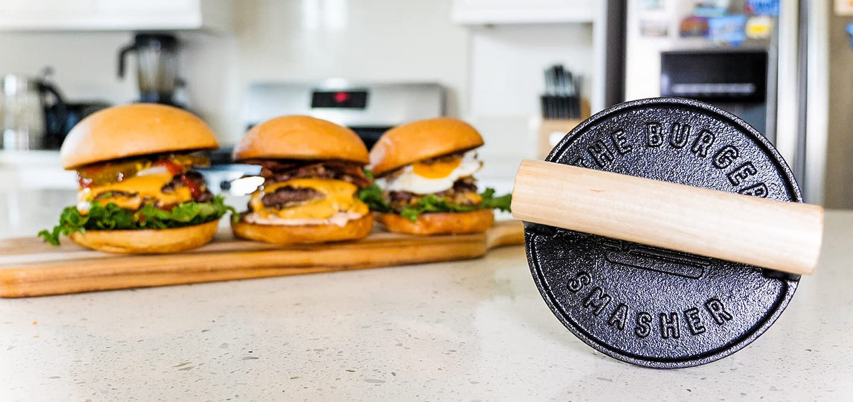 The Burger Smasher - Cast Iron Burger Press Kit W/Patty Paper Included | Hamburger Press Perfect for Flat Top Grill, Cast Iron Griddle or Skillet | Meat Press and Grill Press