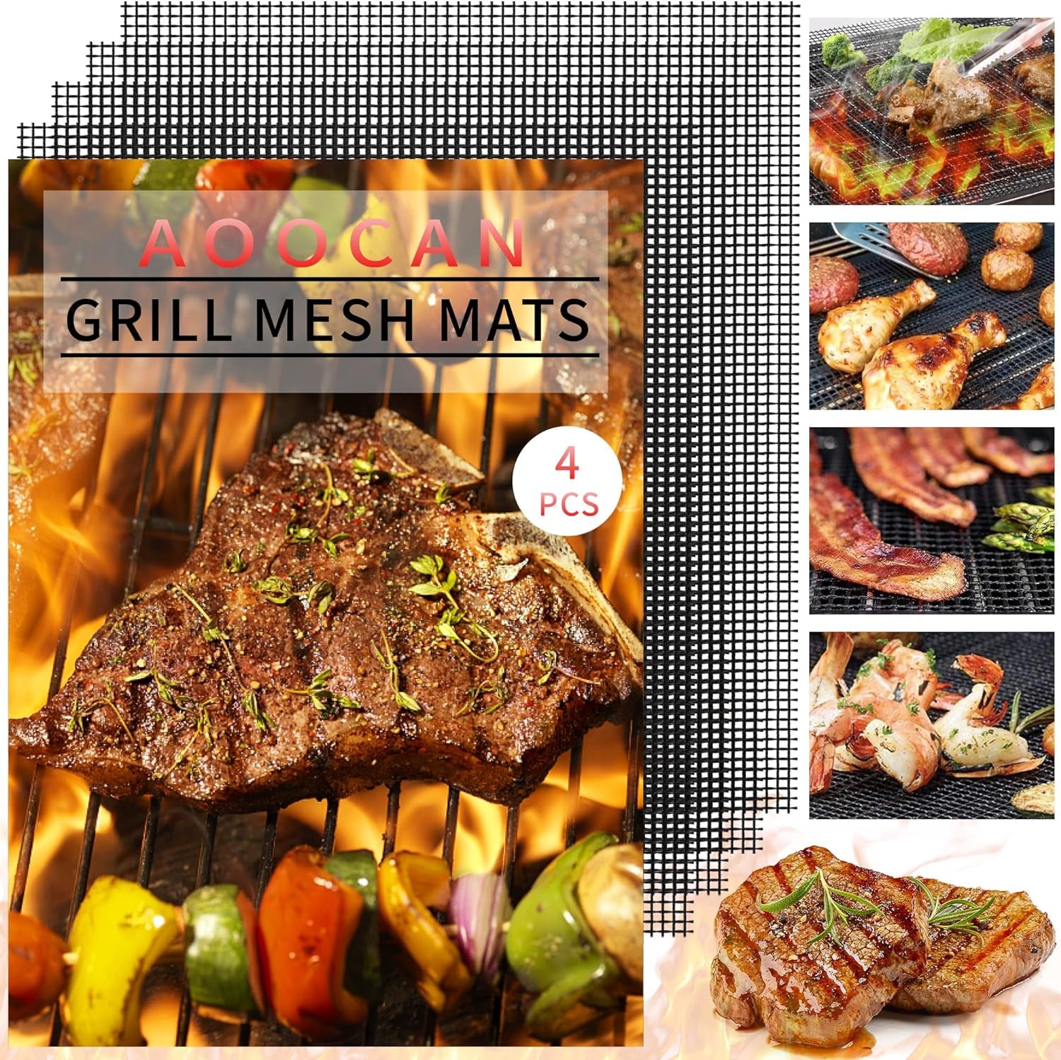 Aoocan Mesh Grill Mat Set of 4 Heavy Duty Non-Stick Mesh Grilling Mats & Barbecue Accessories - Reusable and Easy to Clean - Works on Gas, Charcoal or Electric Grill and More 15.4 X 12 Inch